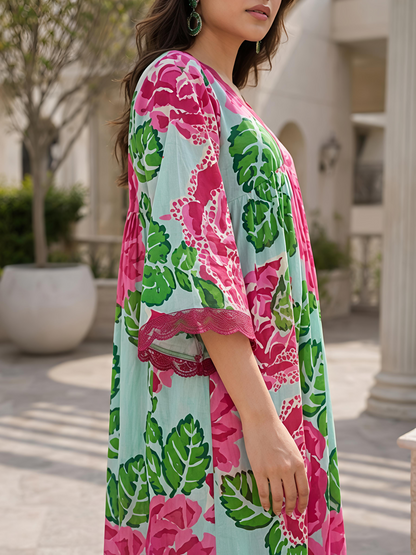 Multicolor Floral Rayon Bland A-Line Suit Set Stylish Ethnic Kurta Set
