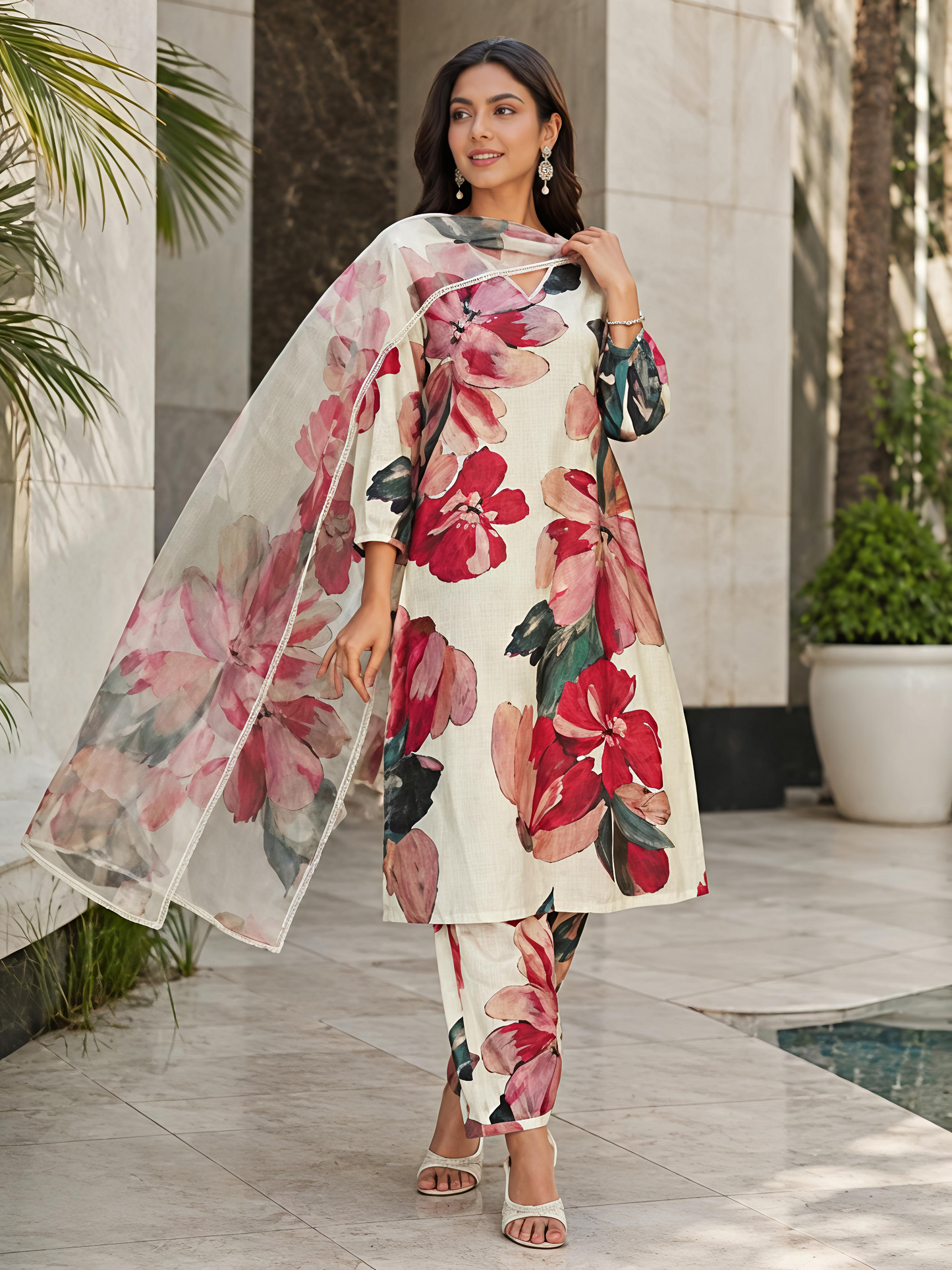 Beige Floral V-Neck Rayon Bland Suit Set Stylish Kurta Set