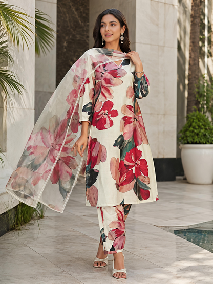 Beige Floral V-Neck Rayon Bland Suit Set Stylish Kurta Set