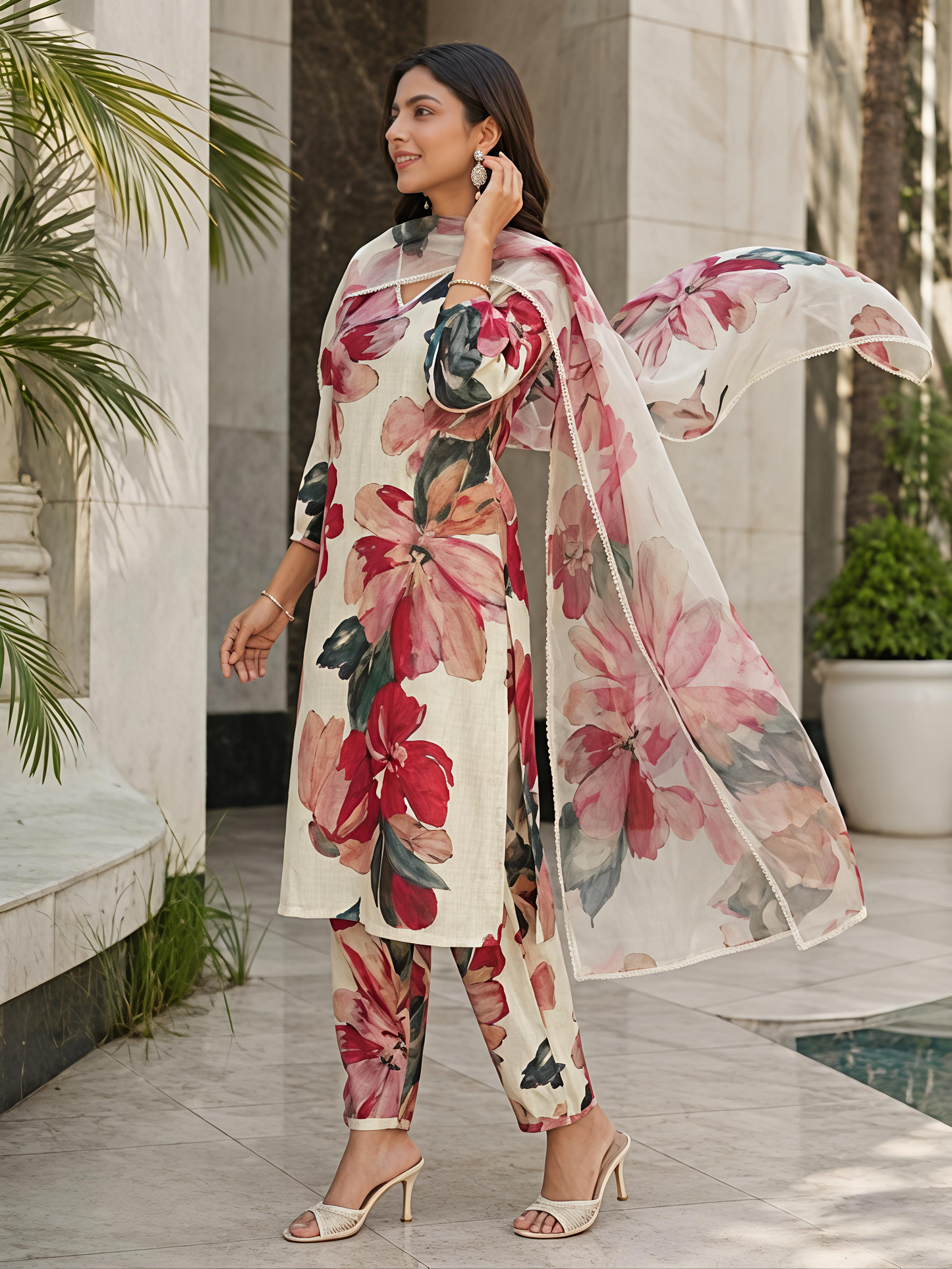 Beige Floral V-Neck Rayon Bland Suit Set Stylish Kurta Set