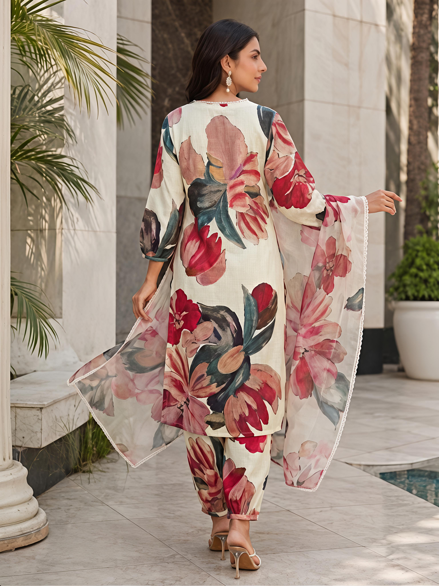 Beige Floral V-Neck Rayon Bland Suit Set Stylish Kurta Set