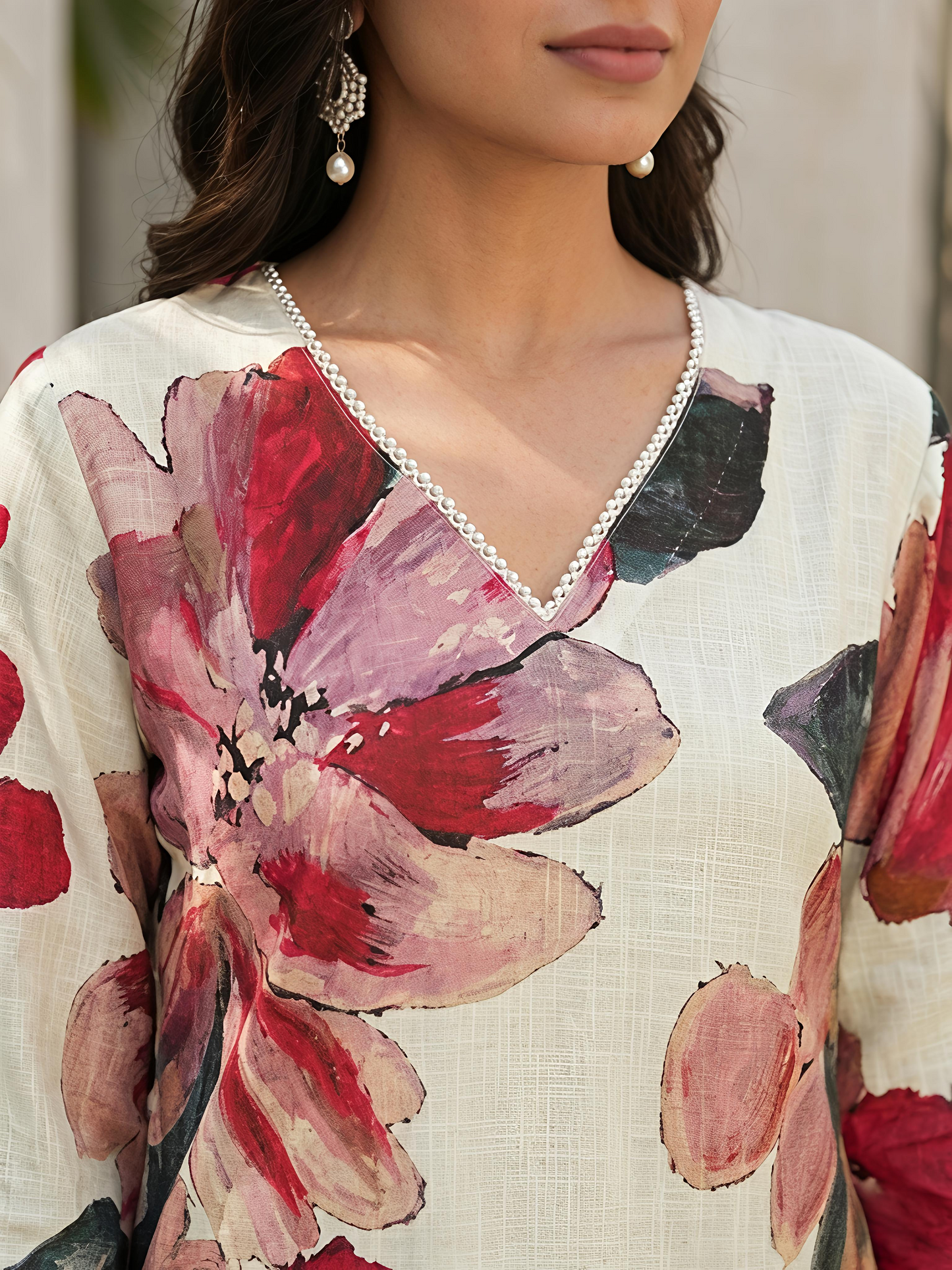Beige Floral V-Neck Rayon Bland Suit Set Stylish Kurta Set