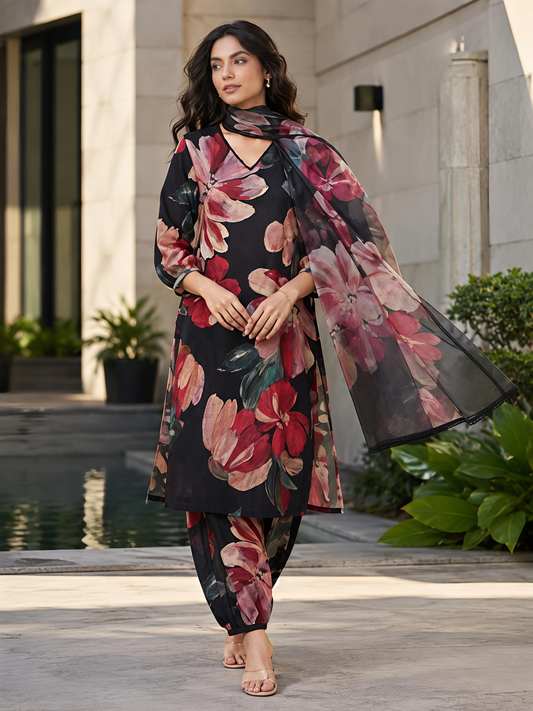 Black Floral V-Neck Rayon Bland Suit Set Stylish Kurta Set