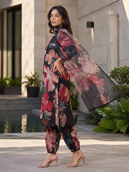 Black Floral V-Neck Rayon Bland Suit Set Stylish Kurta Set
