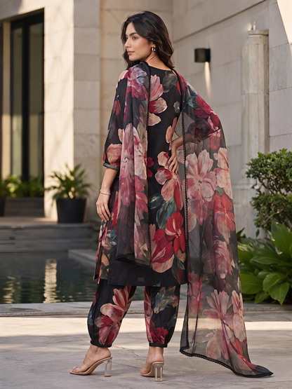 Black Floral V-Neck Rayon Bland Suit Set Stylish Kurta Set