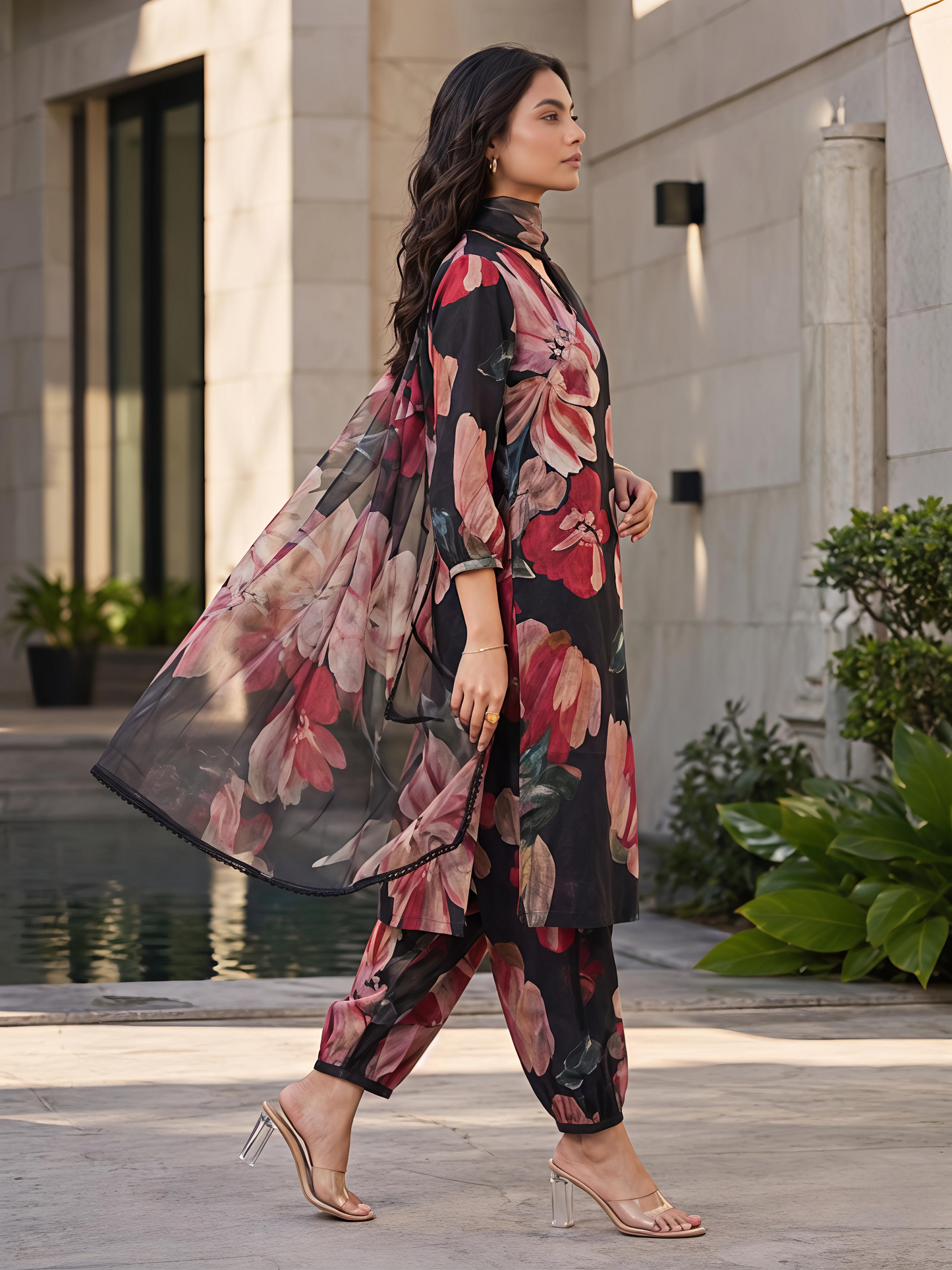 Black Floral V-Neck Rayon Bland Suit Set Stylish Kurta Set