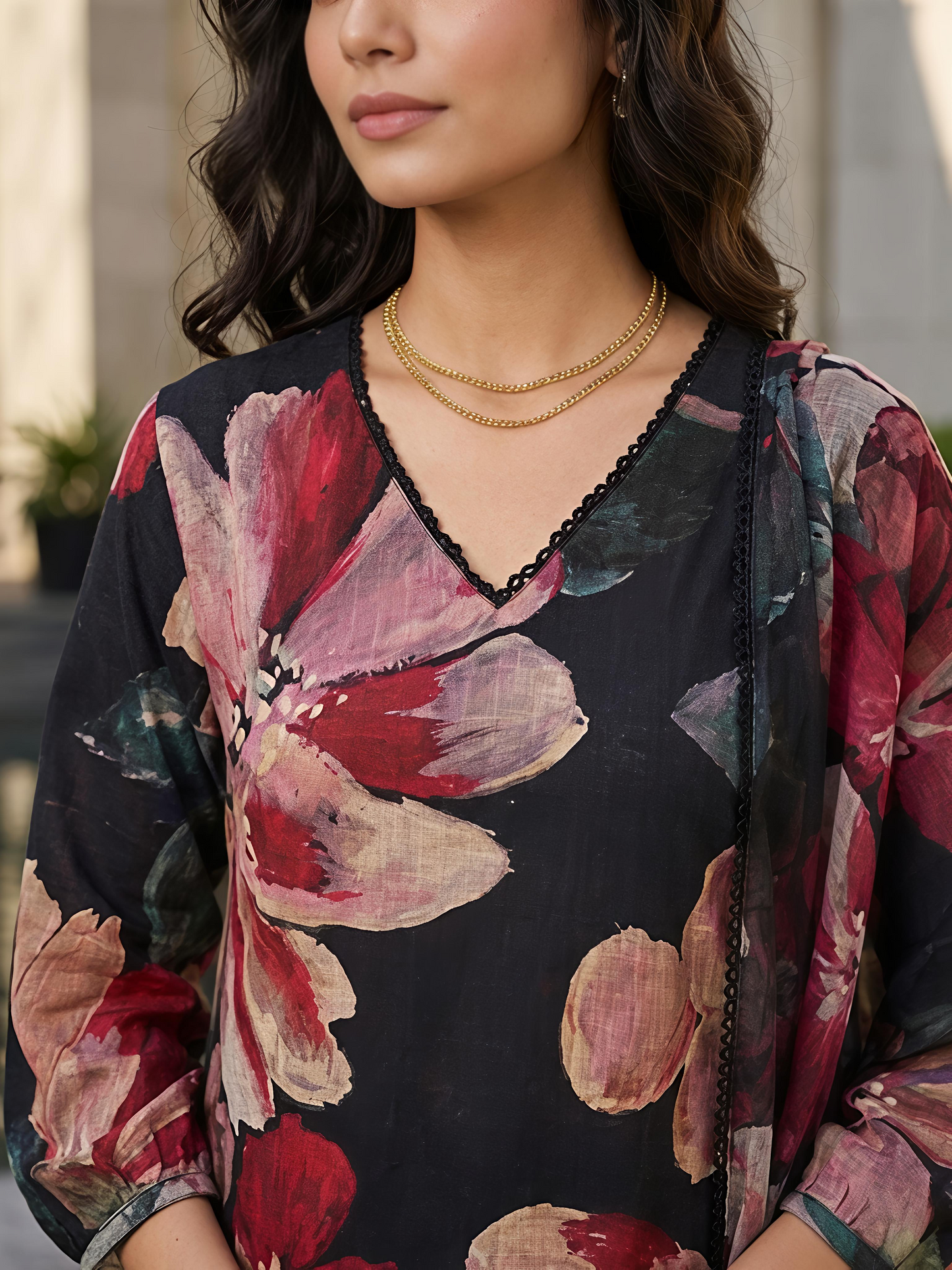 Black Floral V-Neck Rayon Bland Suit Set Stylish Kurta Set