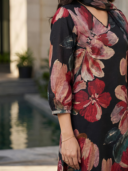 Black Floral V-Neck Rayon Bland Suit Set Stylish Kurta Set