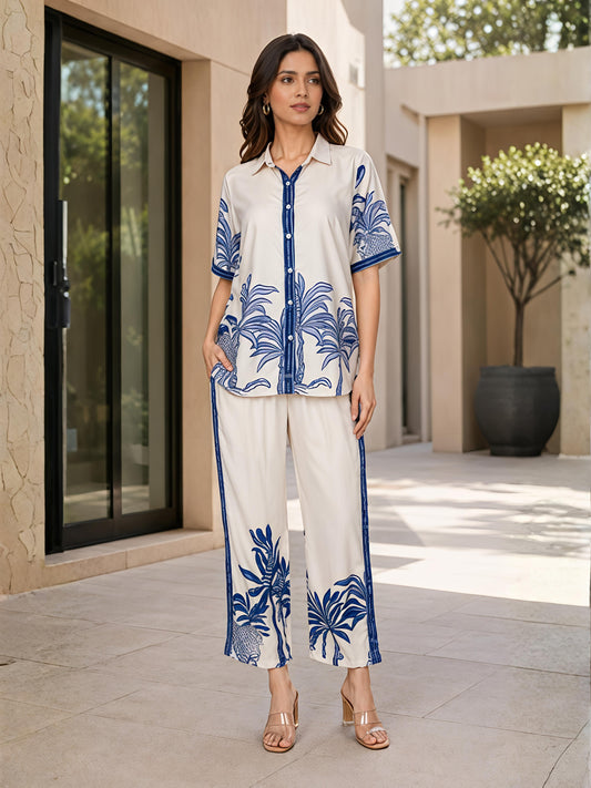 Blue Cotton Printed Shirt Palazzo Co-Ord Set Palm Design