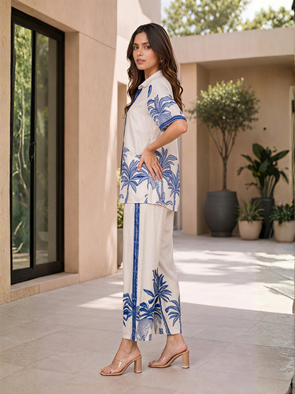 Blue Cotton Printed Shirt Palazzo Co-Ord Set Palm Design