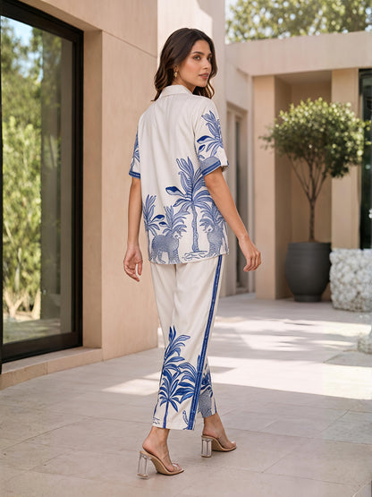 Blue Cotton Printed Shirt Palazzo Co-Ord Set Palm Design