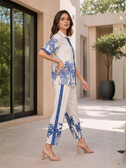 Blue Cotton Printed Shirt Palazzo Co-Ord Set Palm Design