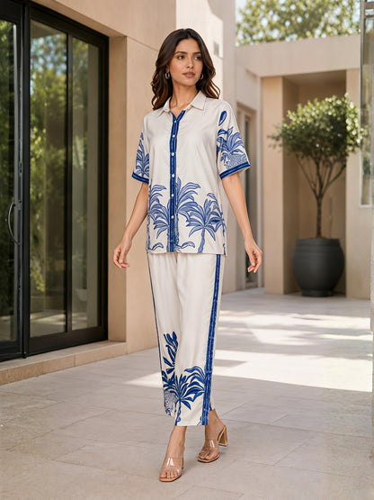 Blue Cotton Printed Shirt Palazzo Co-Ord Set Palm Design