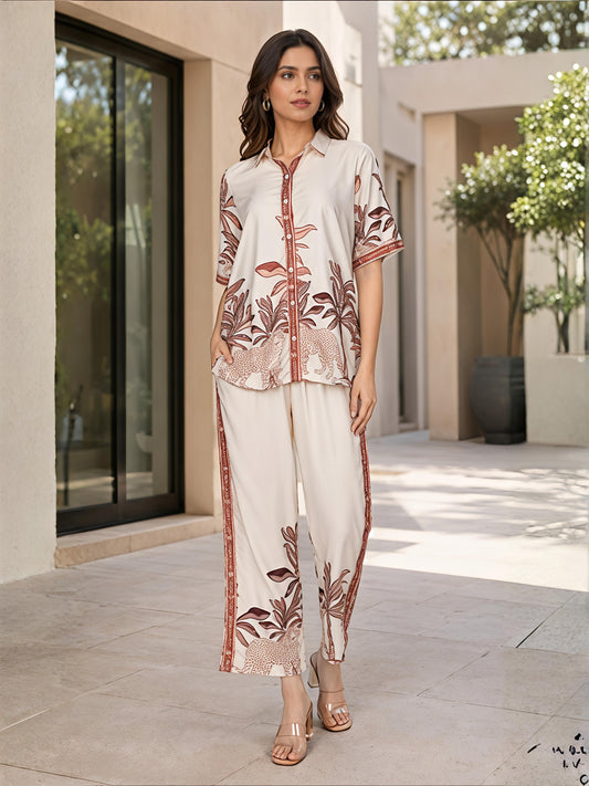 Brown Cotton Printed Shirt Palazzo Co-Ord Set Palm Design