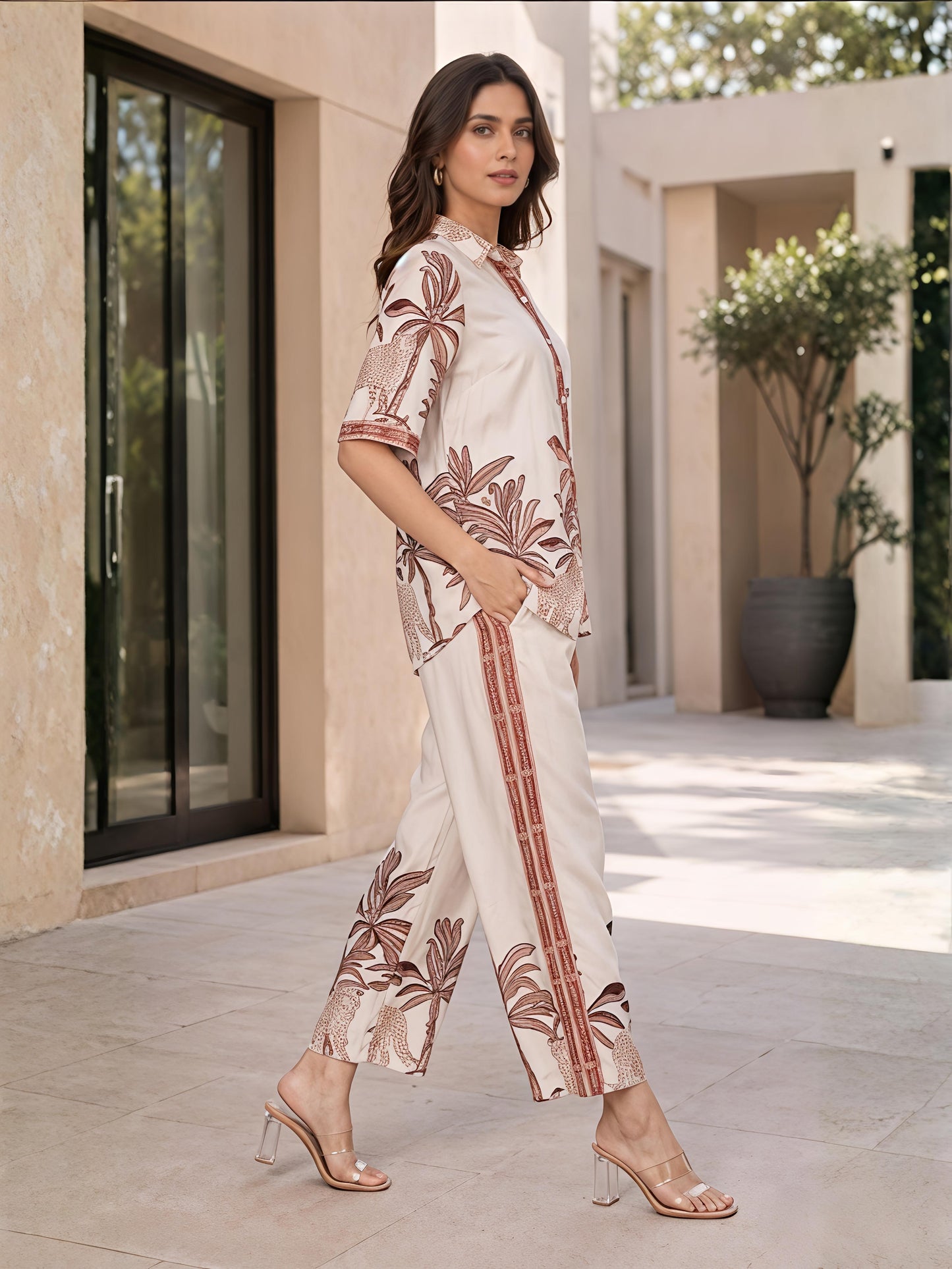 Brown Cotton Printed Shirt Palazzo Co-Ord Set Palm Design