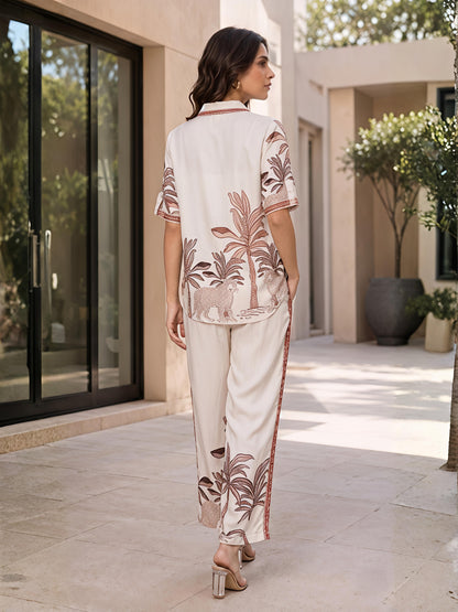 Brown Cotton Printed Shirt Palazzo Co-Ord Set Palm Design