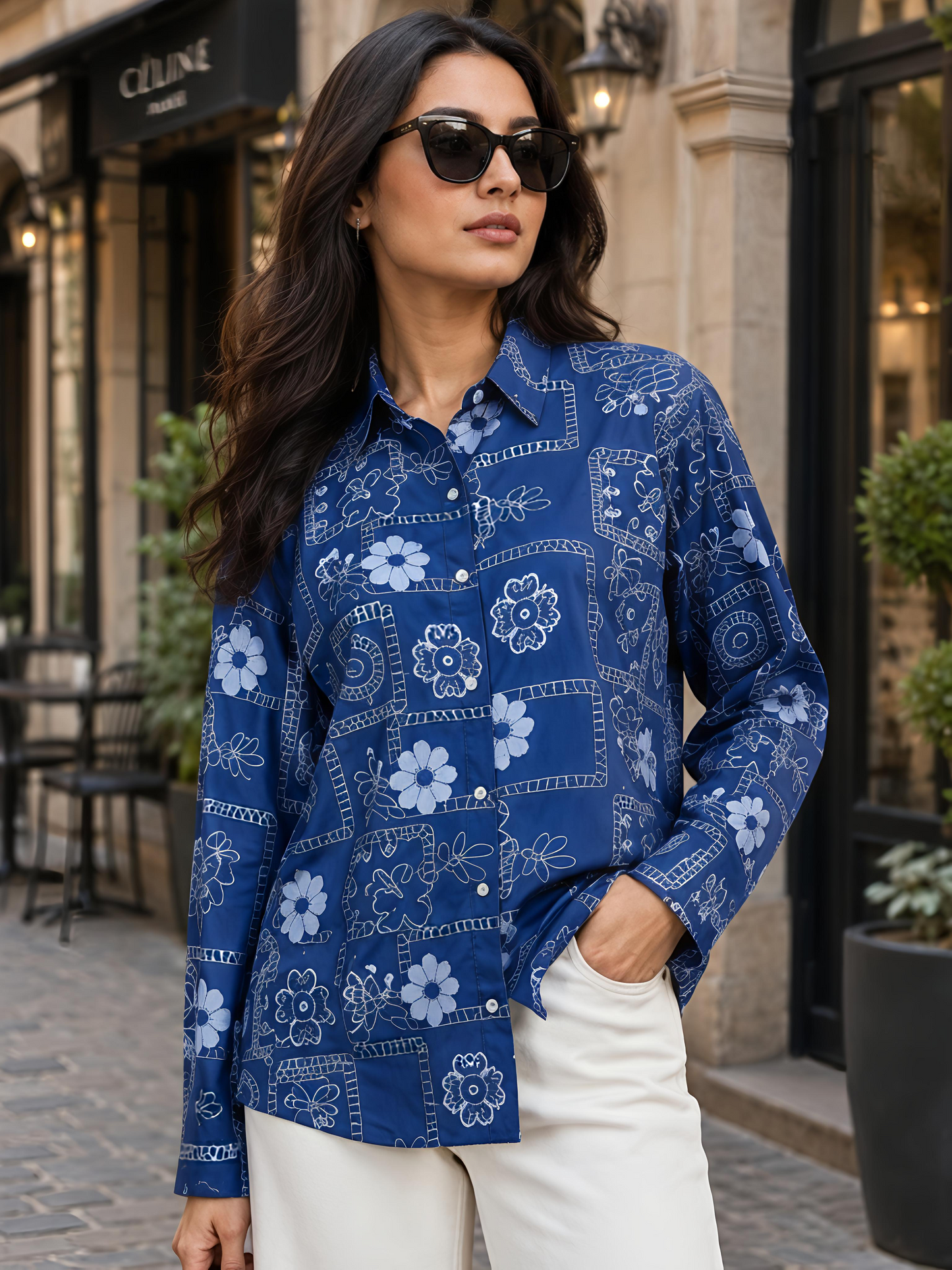 Blue Floral Button Collar Neck 3/4 Sleeve Casual Shirt Women