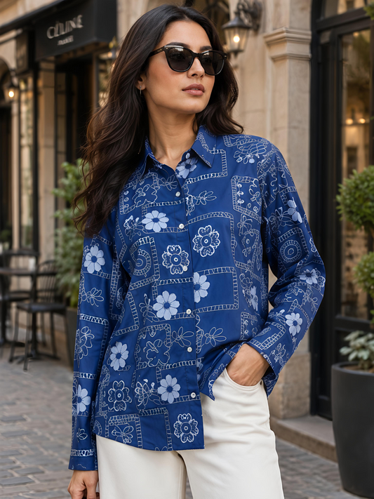 Blue Floral Button Collar Neck 3/4 Sleeve Casual Shirt Women