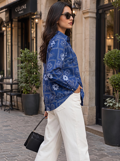 Blue Floral Button Collar Neck 3/4 Sleeve Casual Shirt Women