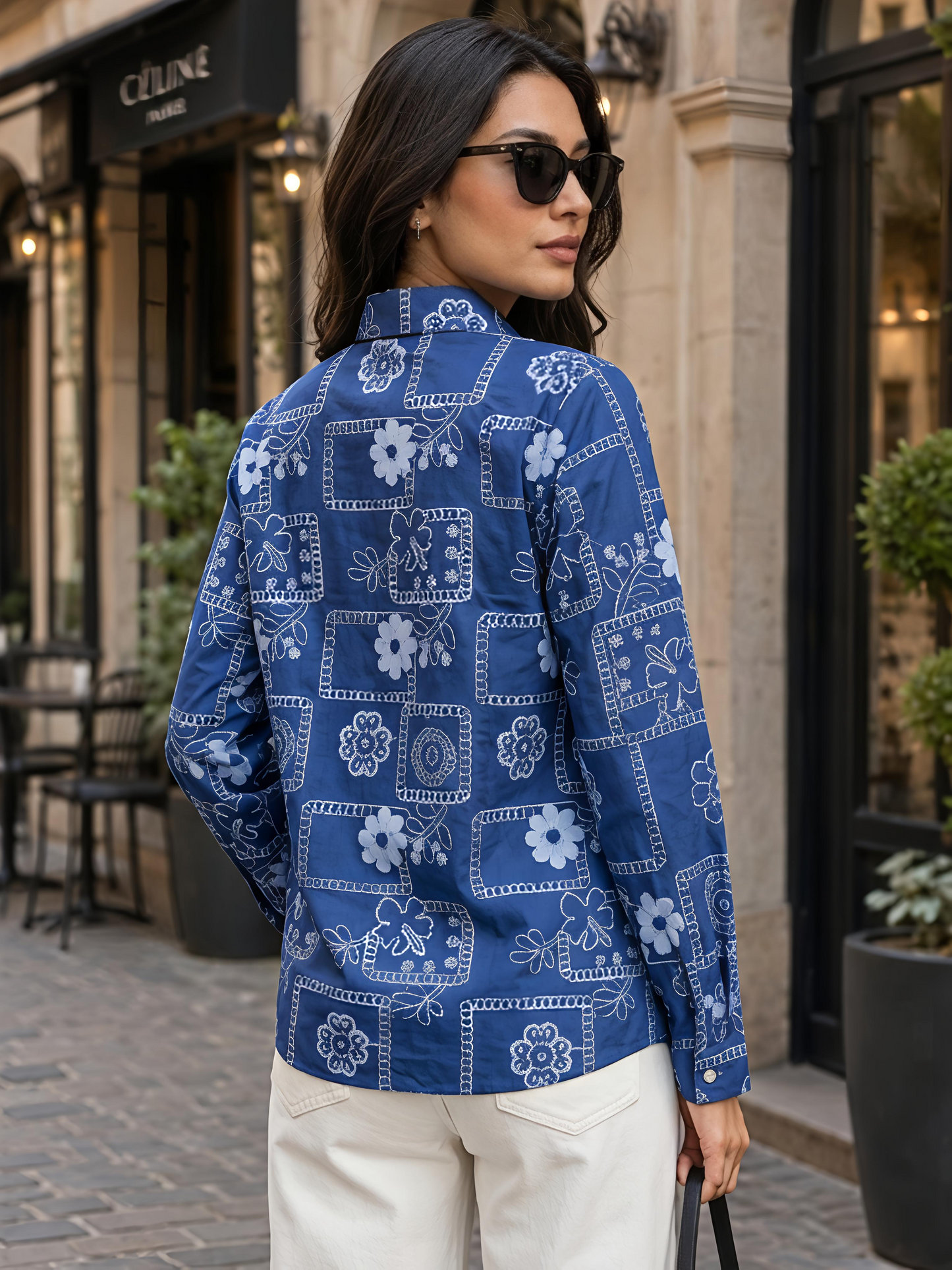 Blue Floral Button Collar Neck 3/4 Sleeve Casual Shirt Women