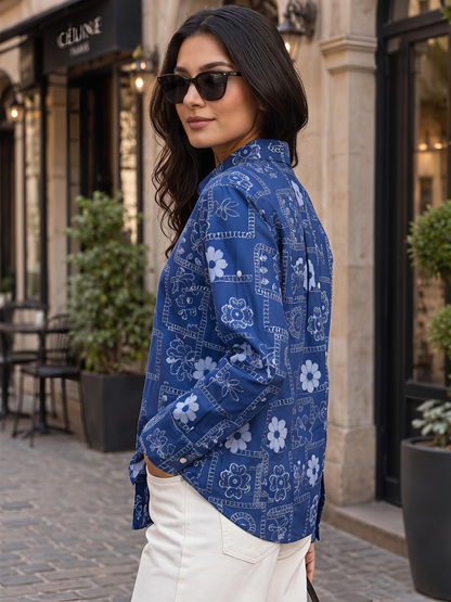 Blue Floral Button Collar Neck 3/4 Sleeve Casual Shirt Women