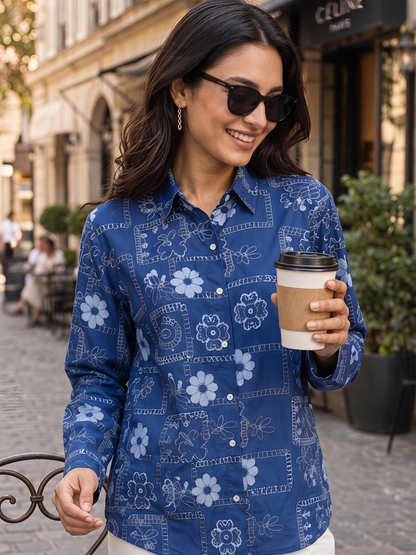 Blue Floral Button Collar Neck 3/4 Sleeve Casual Shirt Women