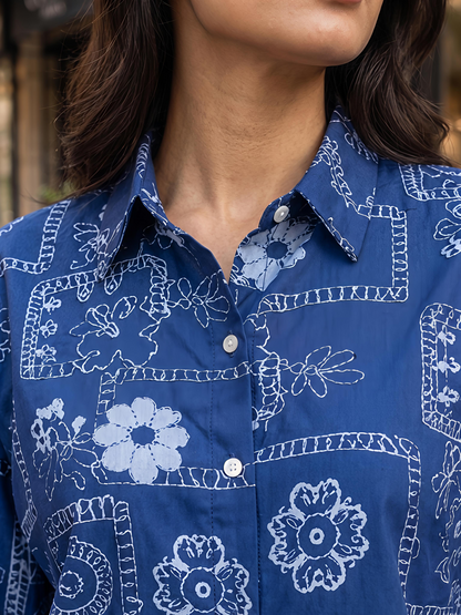 Blue Floral Button Collar Neck 3/4 Sleeve Casual Shirt Women