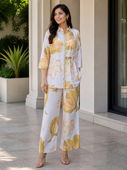 Yellow Floral Printed Collar Neck Kurta Pant Co-Ord Set