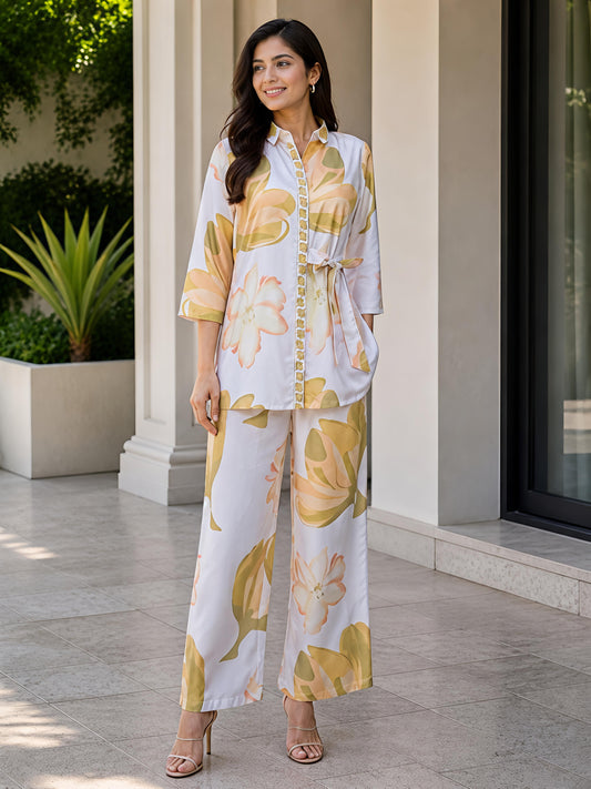 Yellow Floral Printed Collar Neck Kurta Pant Co-Ord Set