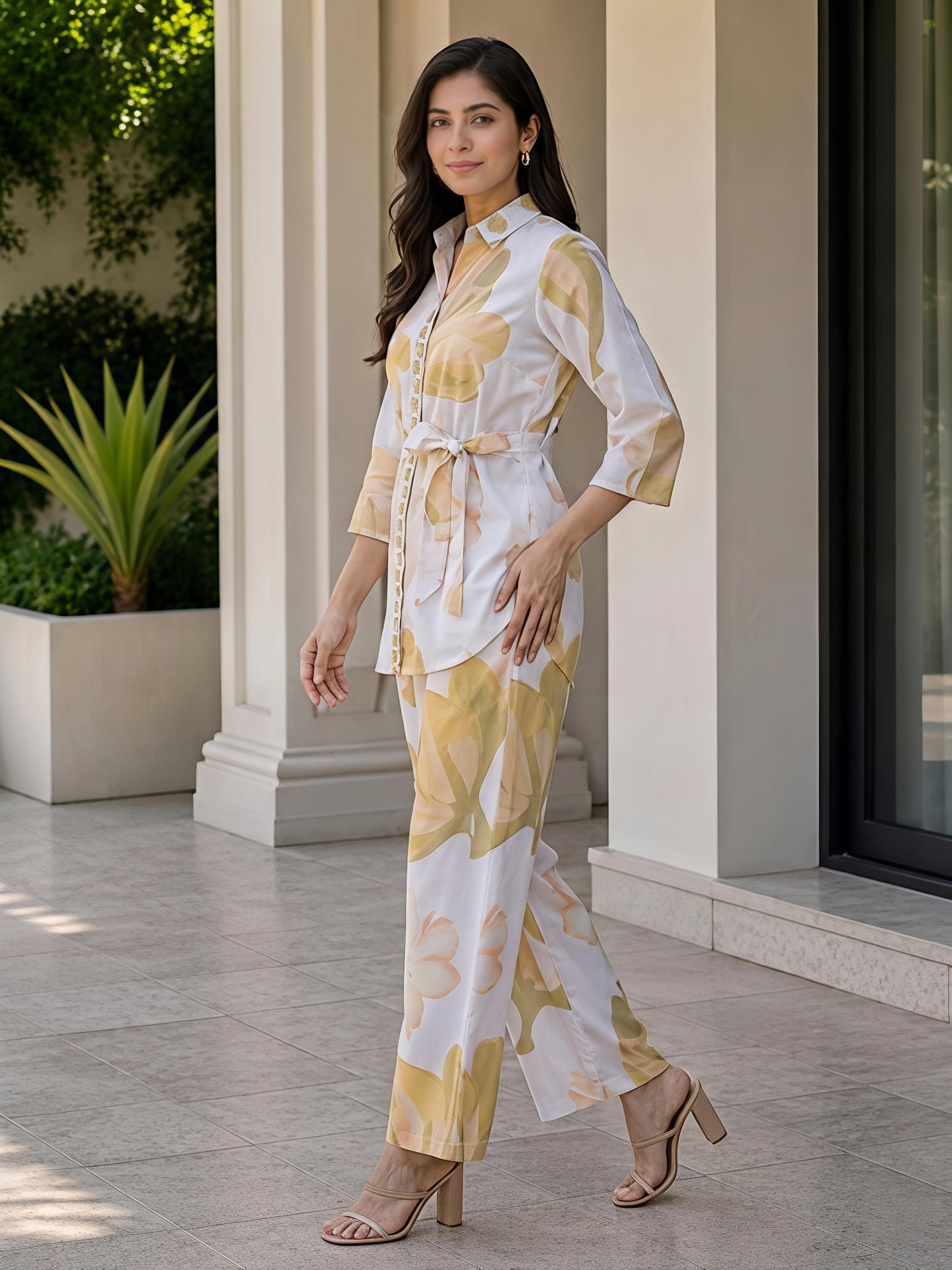 Yellow Floral Printed Collar Neck Kurta Pant Co-Ord Set