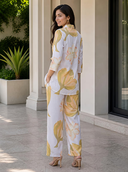 Yellow Floral Printed Collar Neck Kurta Pant Co-Ord Set