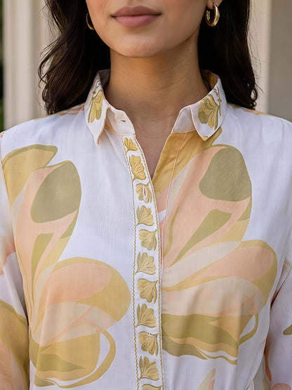 Yellow Floral Printed Collar Neck Kurta Pant Co-Ord Set