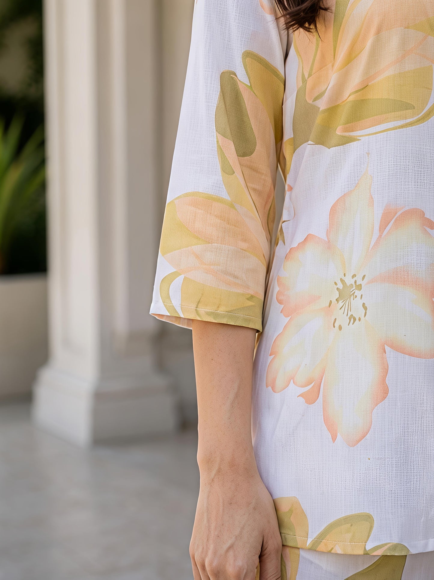 Yellow Floral Printed Collar Neck Kurta Pant Co-Ord Set