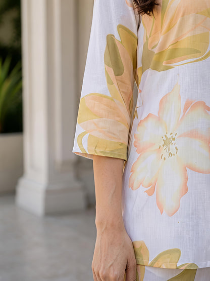 Yellow Floral Printed Collar Neck Kurta Pant Co-Ord Set