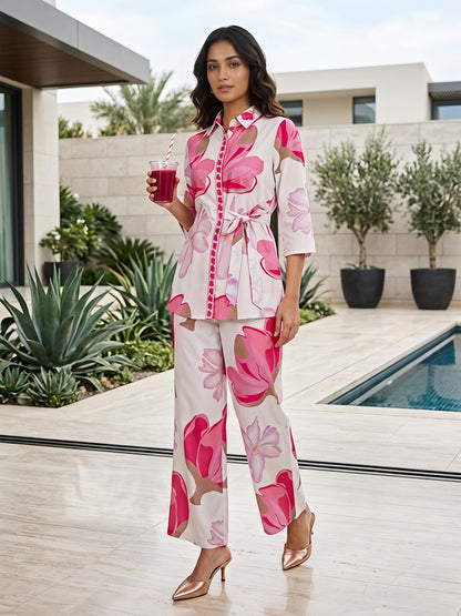 Pink Floral Printed Collar Neck Kurta Pant Co-Ord Set