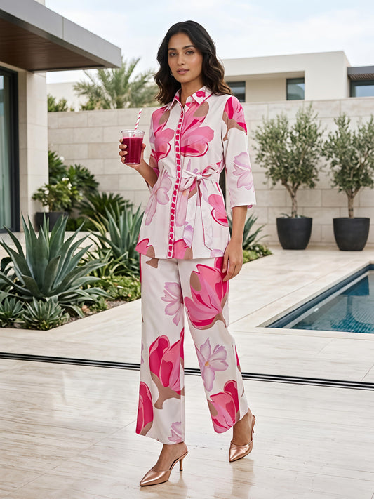 Pink Floral Printed Collar Neck Kurta Pant Co-Ord Set