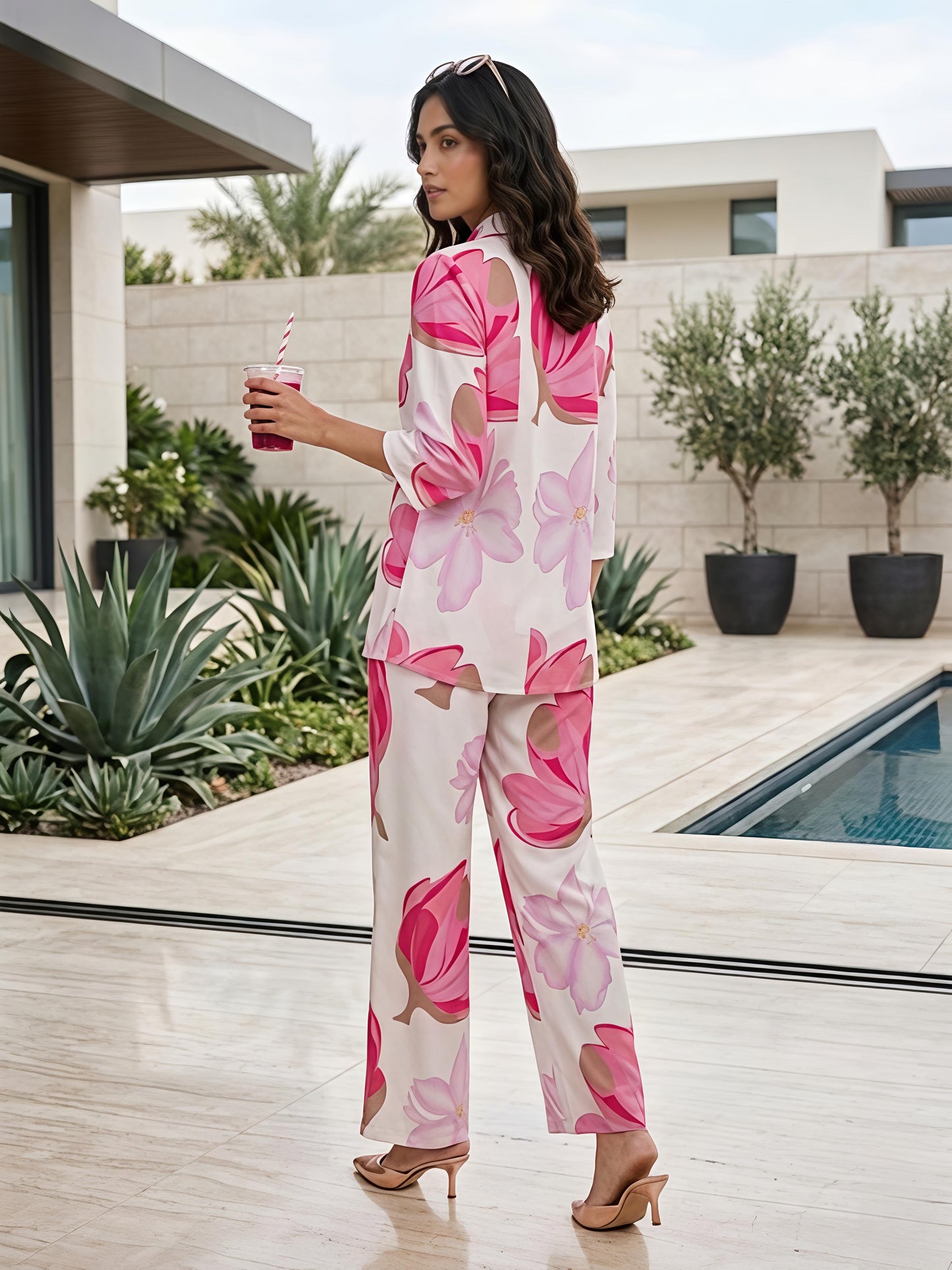 Pink Floral Printed Collar Neck Kurta Pant Co-Ord Set