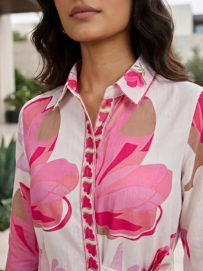 Pink Floral Printed Collar Neck Kurta Pant Co-Ord Set