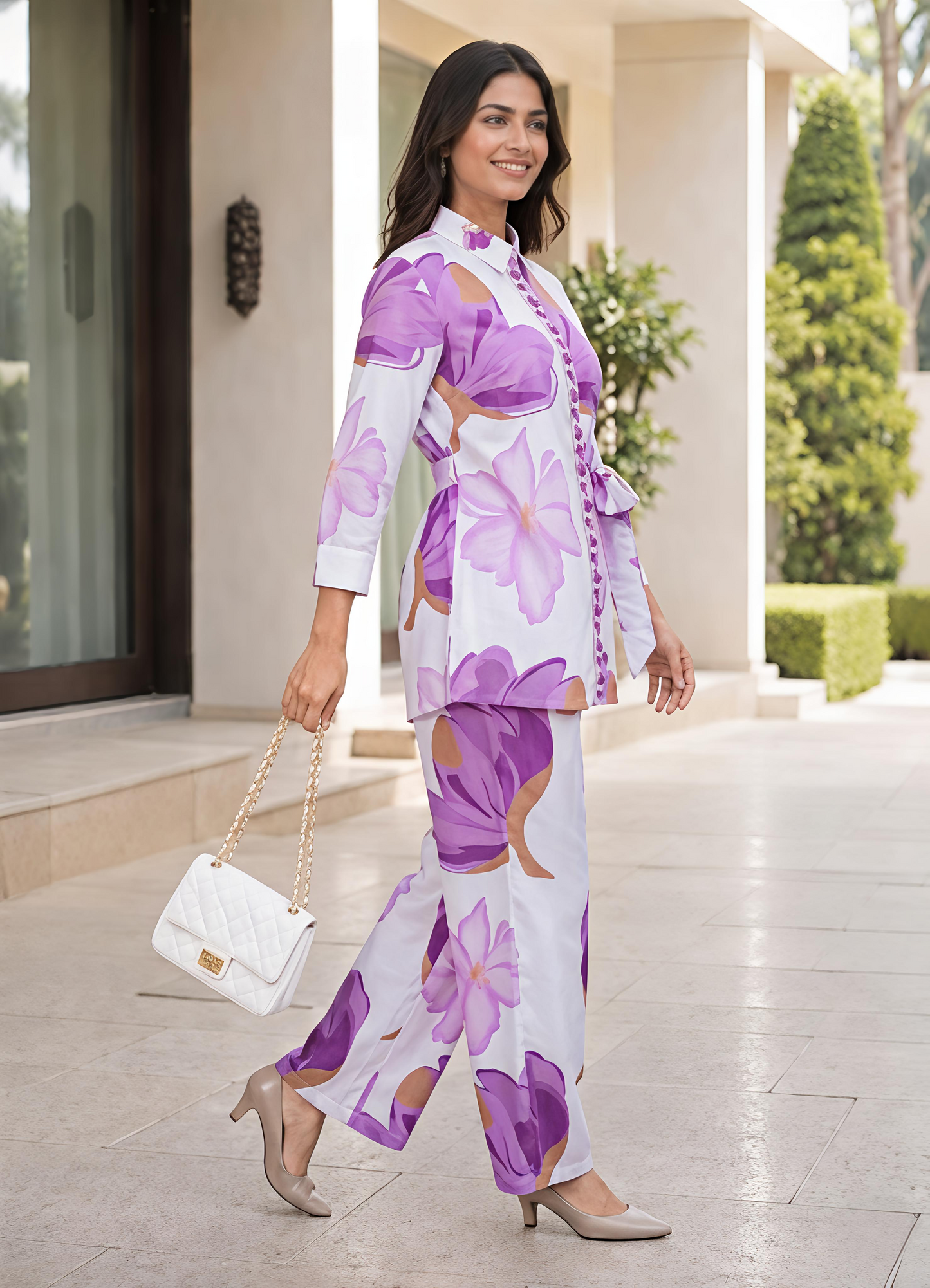Purple Floral Printed Collar Neck Kurta Pant Co-Ord Set