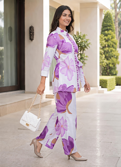 Purple Floral Printed Collar Neck Kurta Pant Co-Ord Set