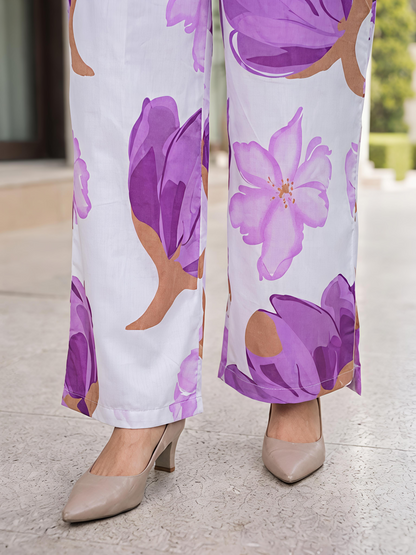 Purple Floral Printed Collar Neck Kurta Pant Co-Ord Set