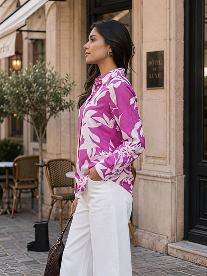 Purple Printed Collared Button Front Full Sleeve Casual Shirt