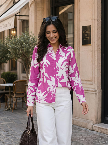 Purple Printed Collared Button Front Full Sleeve Casual Shirt
