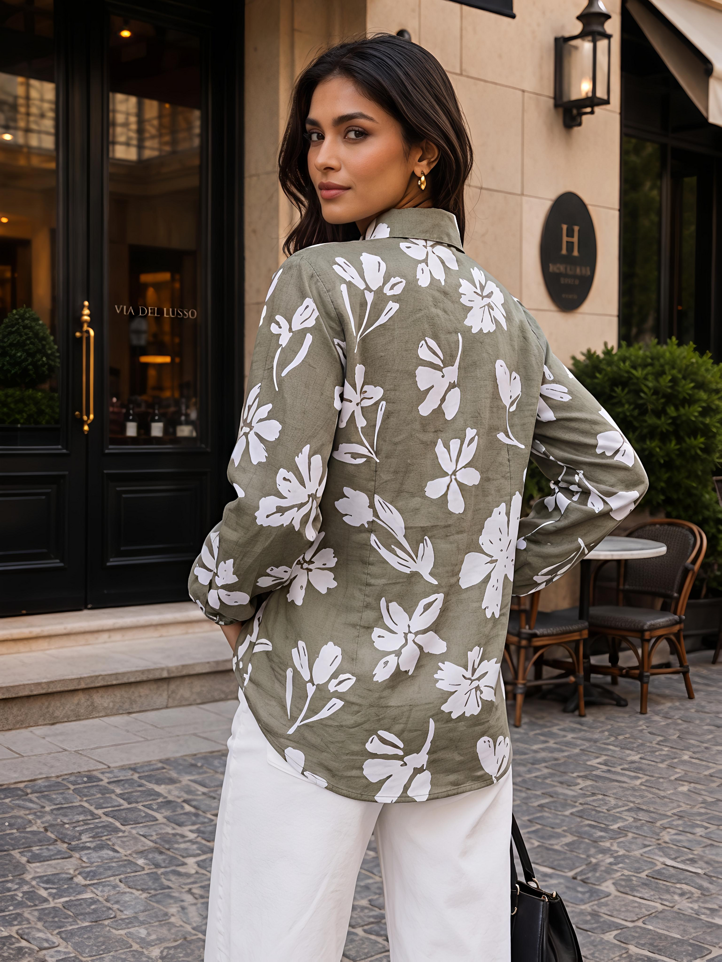Green Printed Puff Sleeve Collared Button Front Casual Shirt