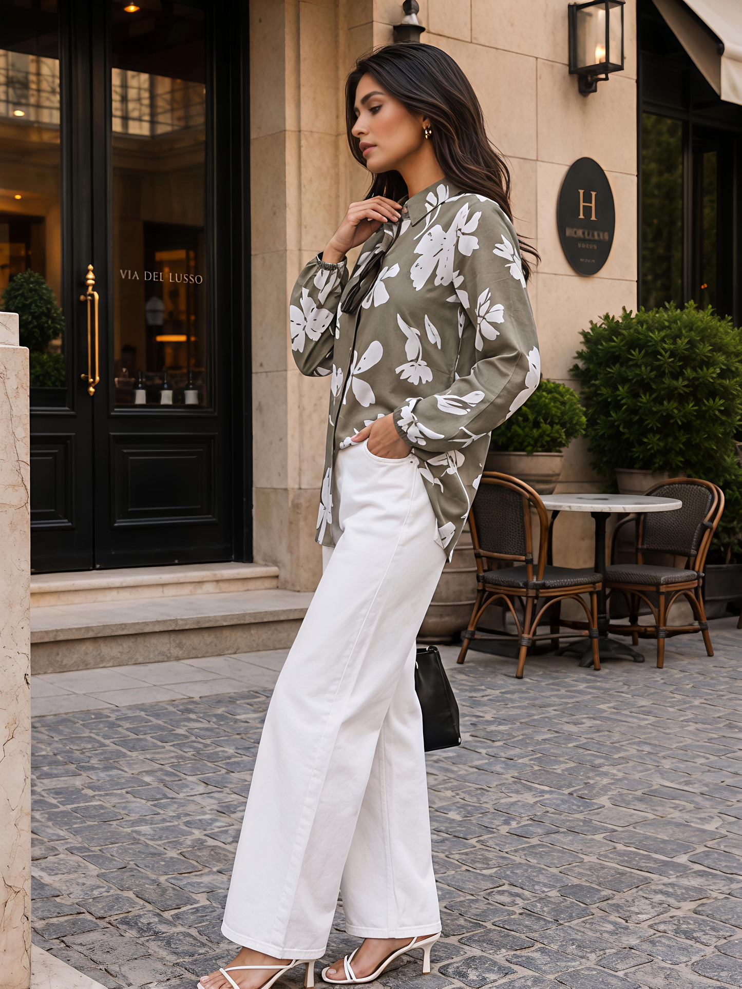 Green Printed Puff Sleeve Collared Button Front Casual Shirt