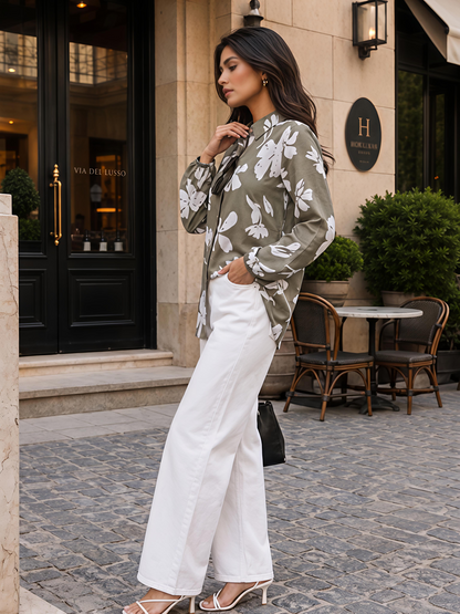 Green Printed Puff Sleeve Collared Button Front Casual Shirt
