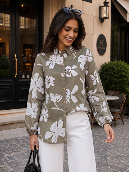 Green Printed Puff Sleeve Collared Button Front Casual Shirt