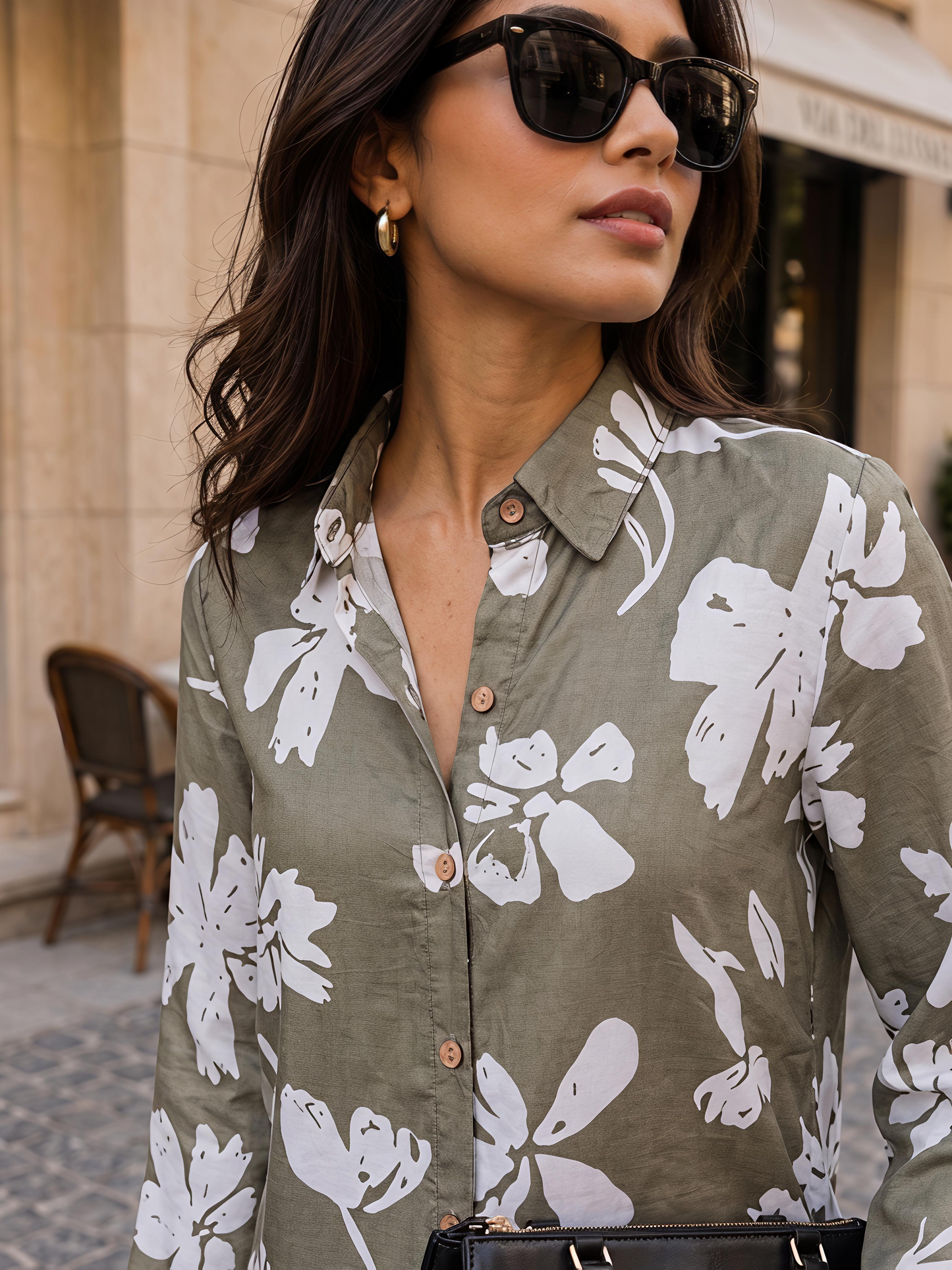 Green Printed Puff Sleeve Collared Button Front Casual Shirt