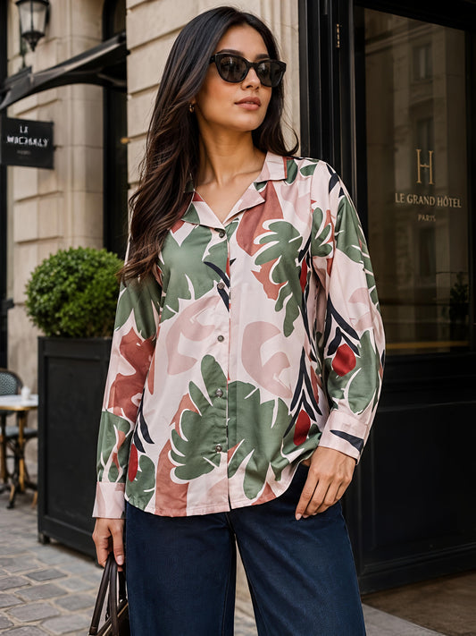 Green Floral Printed Collared Button Front Casual Shirt Women