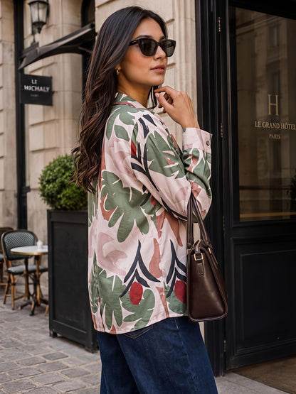 Green Floral Printed Collared Button Front Casual Shirt Women